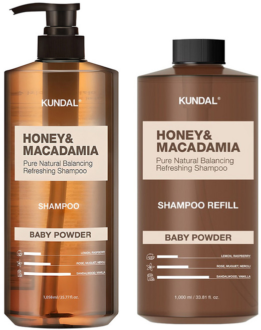 쿤달 허니 앤드 마카다미아 네이처 샴푸 1058ml + 리필 1000ml 베이비파우더향, 1개