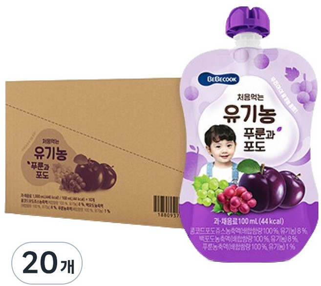 베베쿡 처음먹는 유기농 야채주스, 푸룬과 포도, 100ml, 20개
