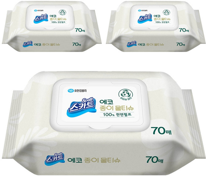 스카트 에코 종이 물티슈 캡형, 70매, 3개