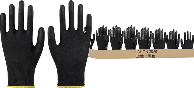 JIAHON 嘉鴻牌 合手型棉紗加碳纖維絲手套 PU塗掌手套 S(總長19.5cm 中指長7cm 掌寬8.5cm), 黑色, 10雙