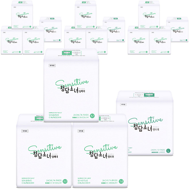 [비건라이프] 청담소녀 센서티브 생리대 날개형 중형 3p + 대형1p, 4세트