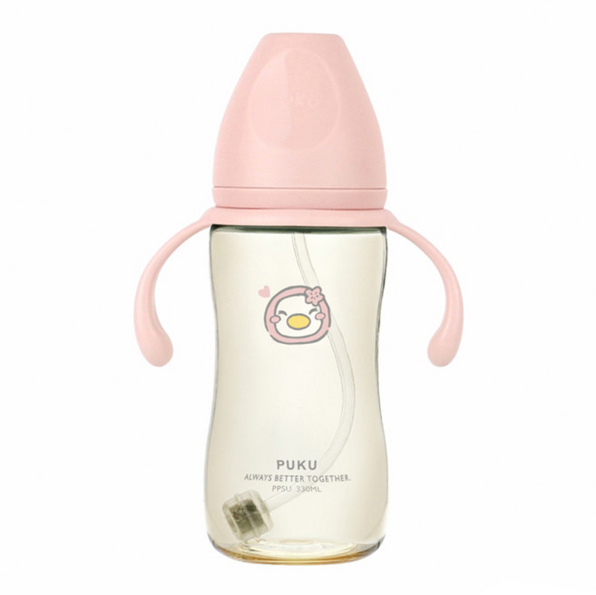 PUKU 藍色企鵝 飽飽歐蕾 PPSU寬口練習奶瓶, 霧粉色, 330ml, 1個