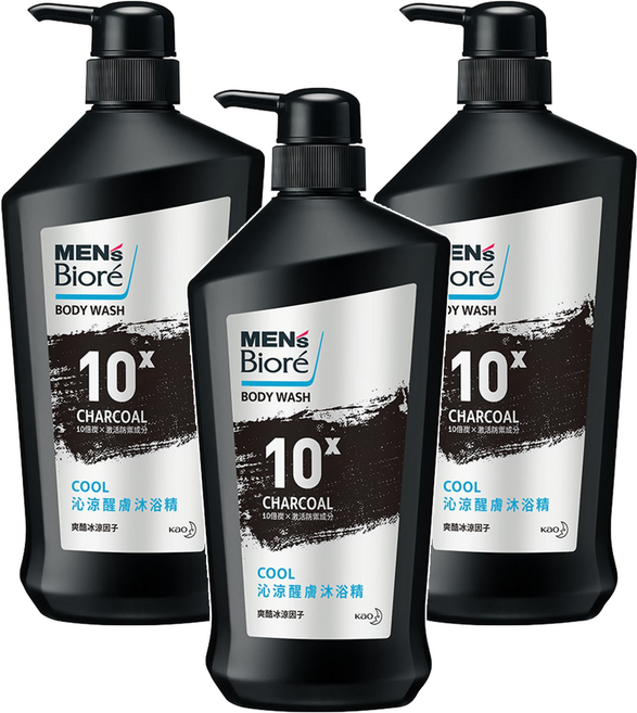MEN's Biore 台灣公司貨 沁涼醒膚沐浴精 10倍炭 男性專用, 750g, 3瓶