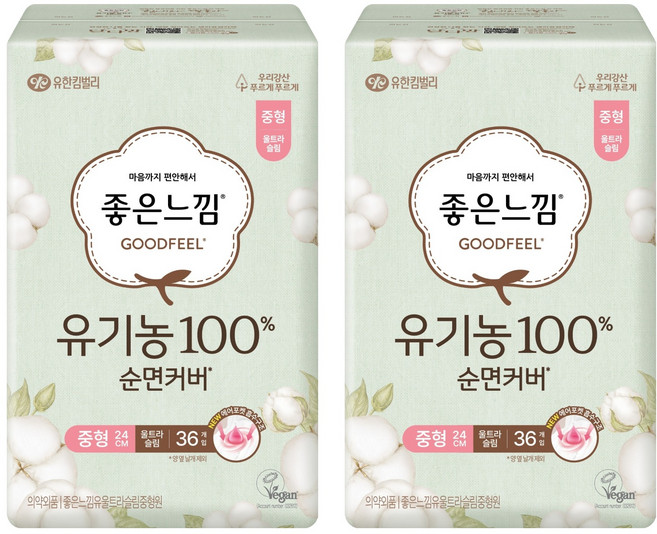 좋은느낌 유기농 순면 울트라슬림 생리대 날개형, 중형, 36개입, 2세트