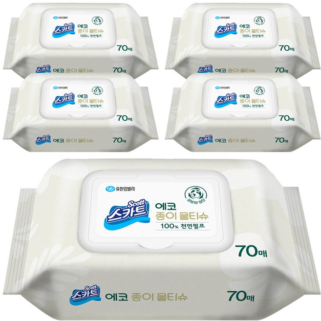 스카트 에코 종이 물티슈 캡형, 70매, 5개