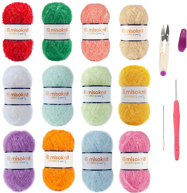 미소털실 펄 수세미실 80g x 12종 + 코바늘 + 쪽가위 + 돗바늘 세트, 혼합색상, 1개