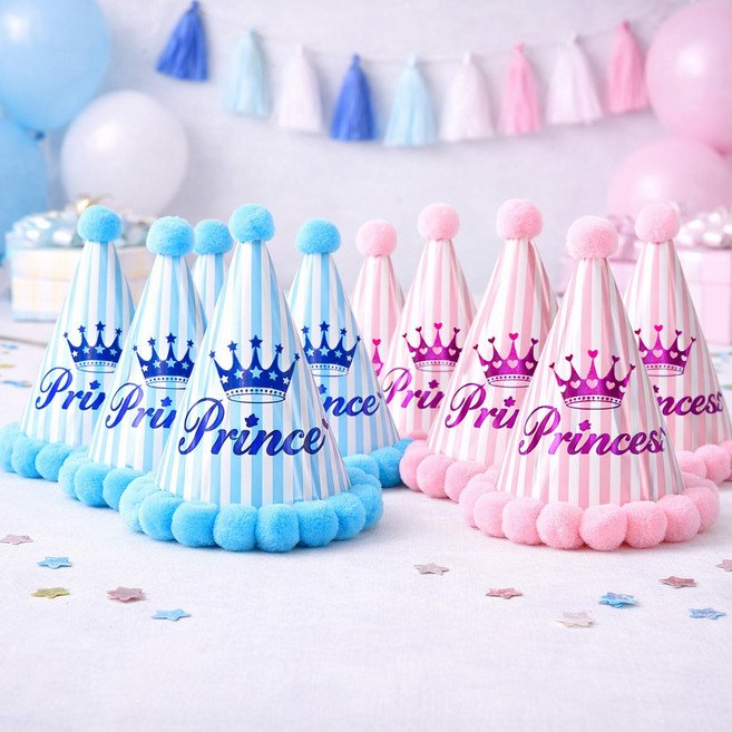 파티쇼 줄무늬솜방울 생일고깔모자 핑크 5p + 블루 5p, 혼합 색상, 1세트