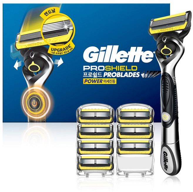 질레트 정품 프로쉴드 옐로우 파워 면도기세트, 핸들 + 면도날 8p, 1세트