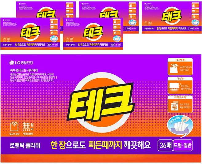 테크 간편 시트세제 일반드럼 겸용 로맨틱 플라워향, 36매, 6개