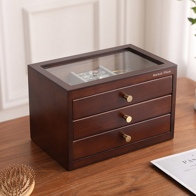 마켓플랜 프리미엄 원목 악세사리 보석 보관함 3단, 브라운, 1개