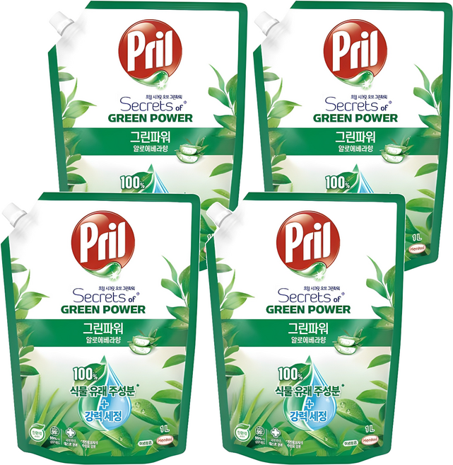 프릴 그린파워 알로에 베라 주방세제, 1L, 4개