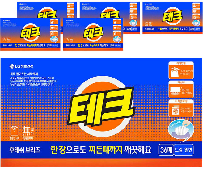 테크 간편 시트세제 후레쉬 브리즈, 36개입, 6개