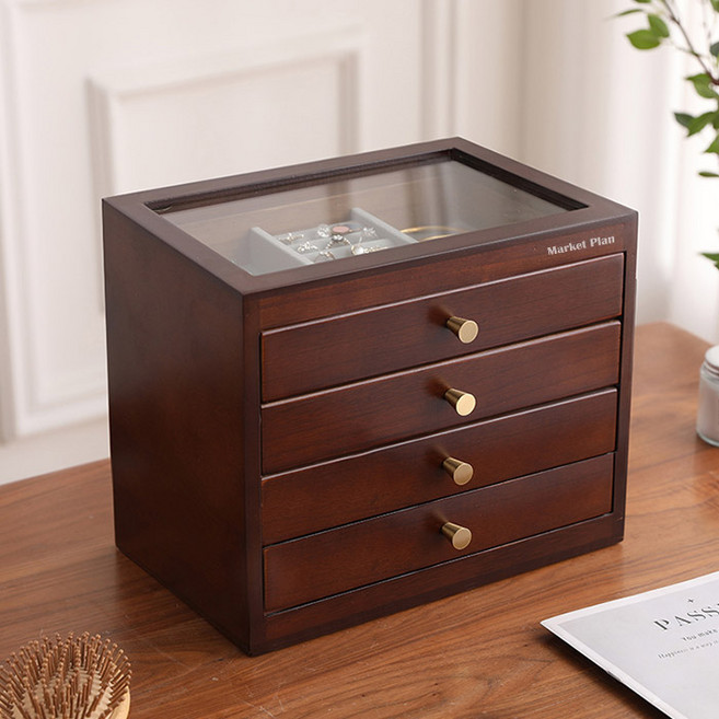 마켓플랜 프리미엄 원목 악세사리 보석 보관함 4단, 브라운, 1개