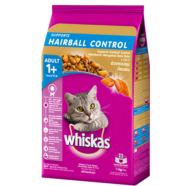 whiskas 偉嘉 成貓 化毛配方 乾飼料, 雞肉 + 鮪魚, 1.1kg, 1袋