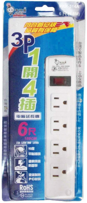 spirit 電精靈 1開4插平貼插頭電腦延長線 過載保護 台灣製造 3孔 MAX1650W 125V 15A, 180cm, 白色, 1條