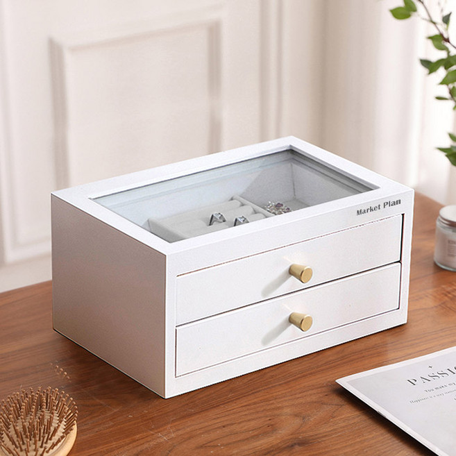 마켓플랜 프리미엄 원목 악세사리 보석 보관함 2단, 화이트, 1개