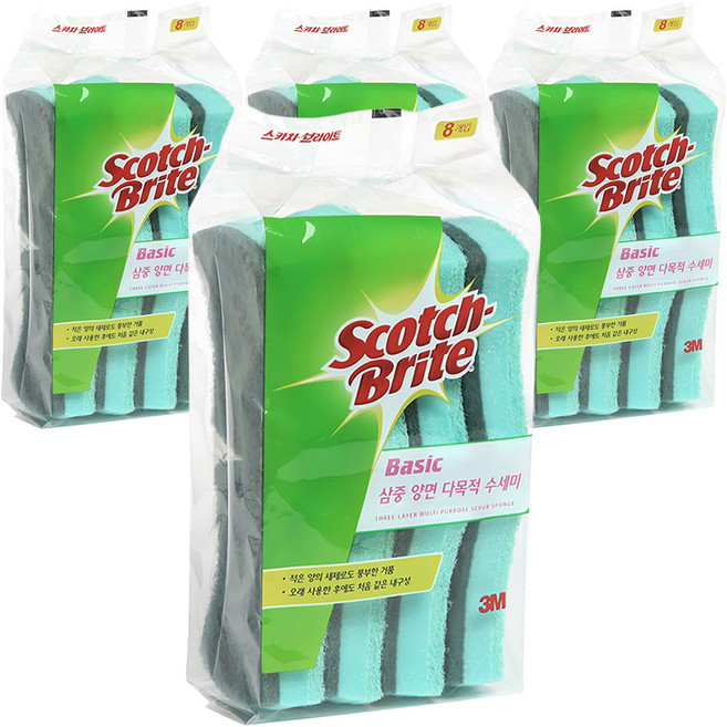 스카치브라이트 베이직 삼중양면 다목적 수세미, 8개입, 4개