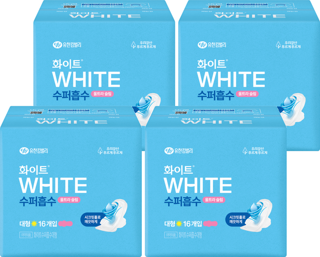 화이트 수퍼흡수 울트라슬림 생리대 날개형, 대형, 16개입, 4개