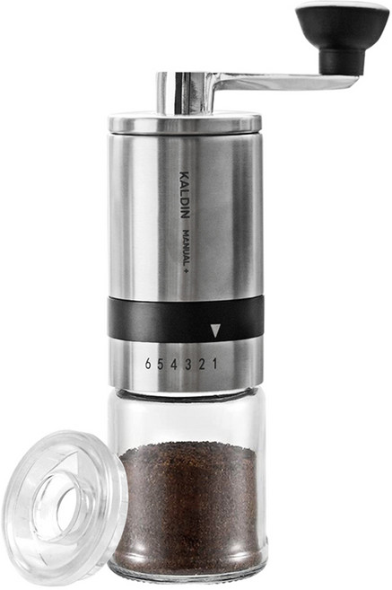 칼딘 매뉴얼 플러스 휴대용 커피 그라인더 + 투명 PS 커버, 실버, 1개