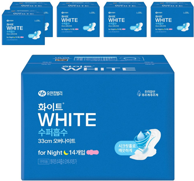 화이트 수퍼흡수 생리대 날개형, 오버나이트, 14개입, 6개