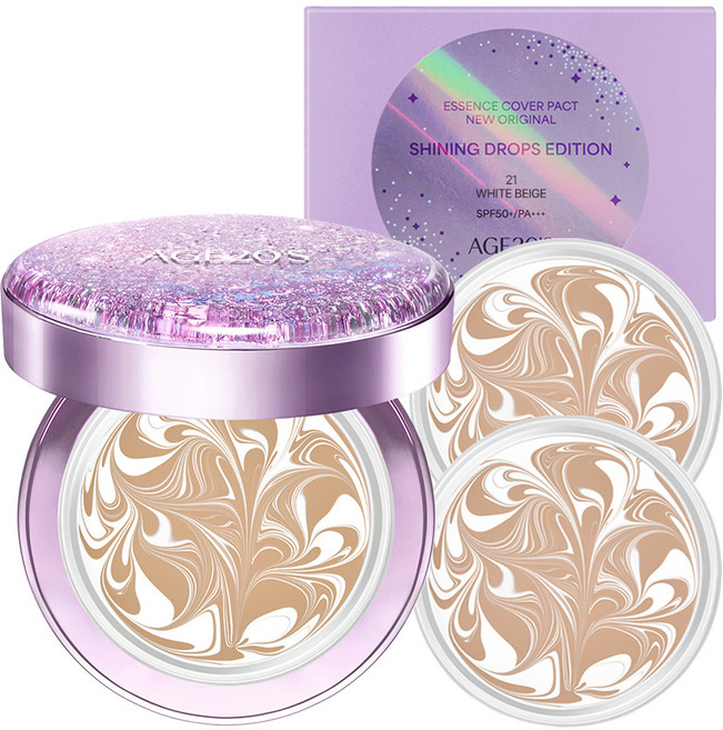 에이지투웨니스 뉴 오리지널 샤이닝 드롭스 에디션 에센스 커버 팩트 퍼플 12.5g 본품 + 리필 2p 세트, 21호화이트베이지, 1개