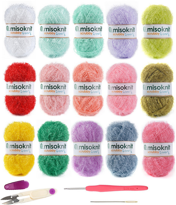미소털실 수세미 뜨개실 15종 + 코바늘 + 쪽가위 램덤발송, 혼합색상, 1세트