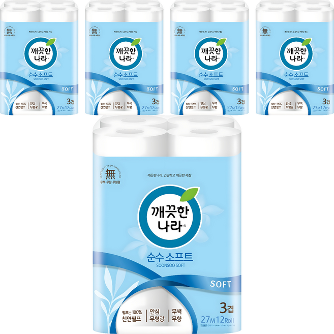깨끗한나라 순수 소프트 3겹 화장지, 27m, 12롤, 5개