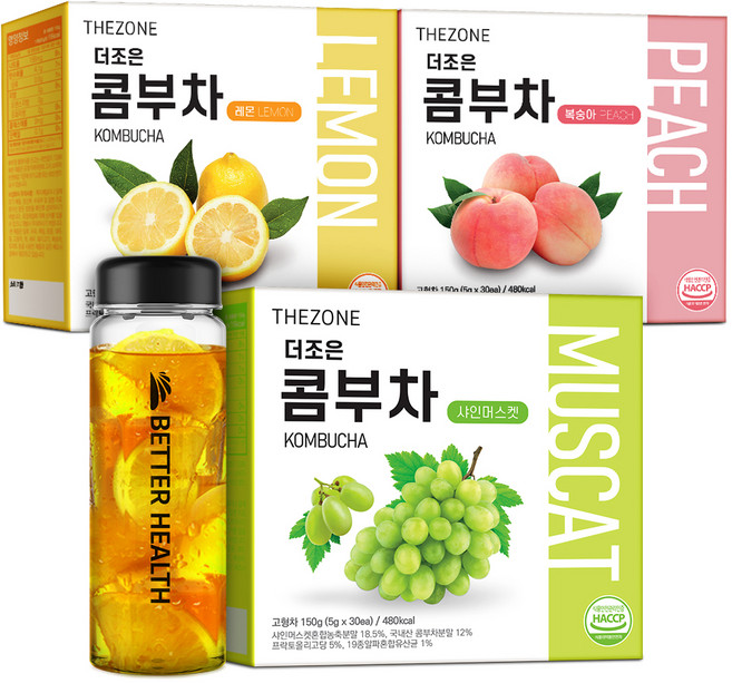 더존건강 더조은 콤부차 레몬 + 복숭아 + 샤인머스캣 + 보틀 500ml, 5g, 30개입, 1세트