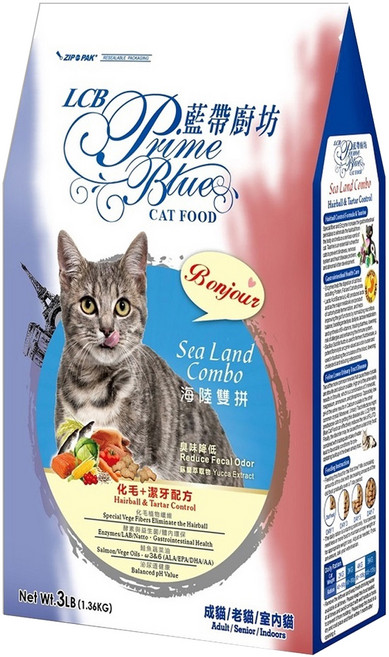 LCB 藍帶廚坊 成貓/老貓/室內貓 海陸雙拼 乾飼料, 化毛 + 潔牙配方, 1.36kg, 1袋