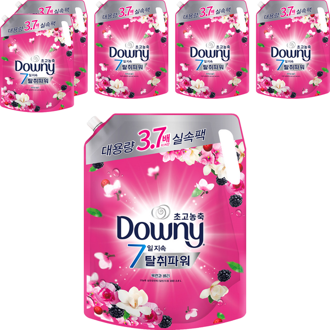 다우니 7일 지속 탈취파워 초고농축 섬유유연제 목련과베리 리필, 2.6L, 6개