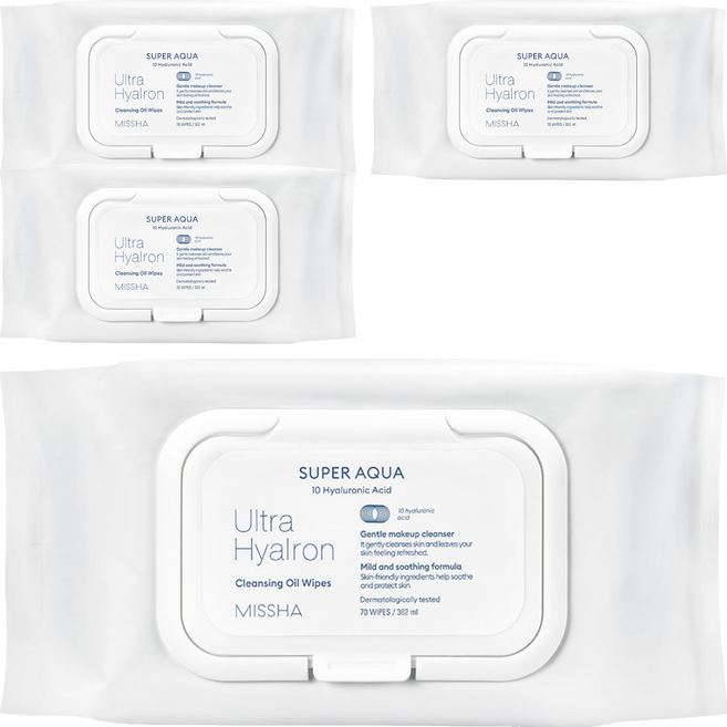 미샤 수퍼아쿠아 울트라 히알론 클렌징 오일 티슈 대용량, 70매입, 4개