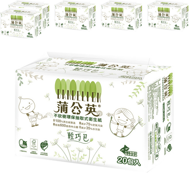 蒲公英 環保抽取式衛生紙 輕巧包 2層 120張, 20包, 6袋
