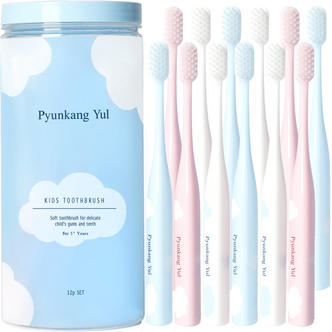 편강율 어린이 칫솔 + 개별 캡 + 보관용 케이스, 스카이 + 핑크 + 화이트, 12개입, 1세트