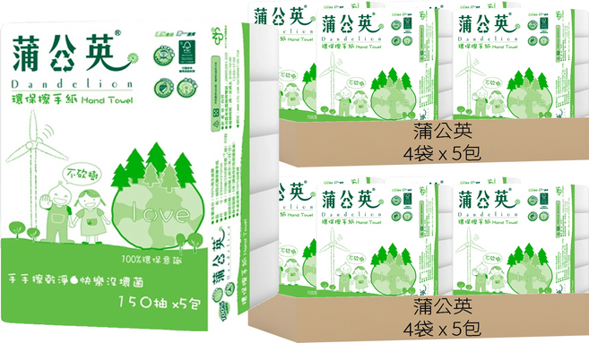 蒲公英 環保擦手紙 150張, 5包, 8袋