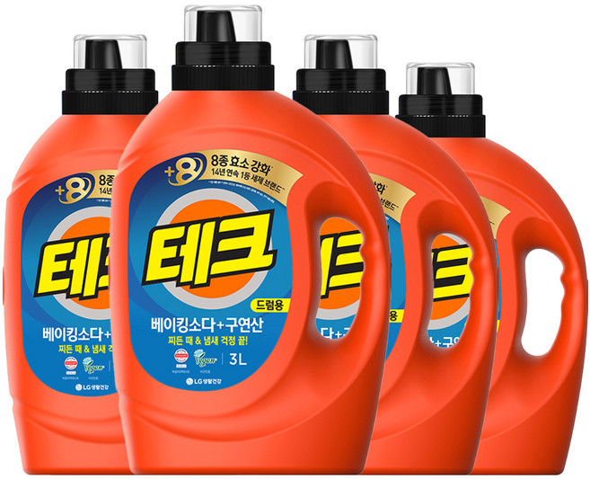 테크 베이킹소다 플러스 구연산 실내건조 드럼용 액체세제 본품, 4개, 3L