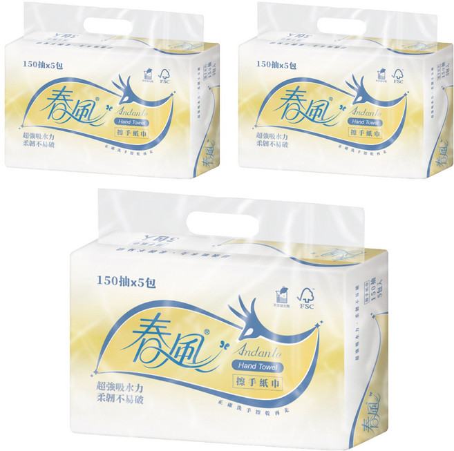 春風 抽取式擦手紙巾, 5包, 3袋