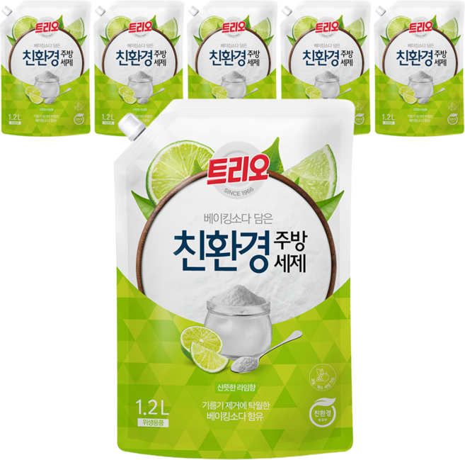 트리오 베이킹소다 담은 친환경 주방세제 라임향 리필, 1.2L, 6개