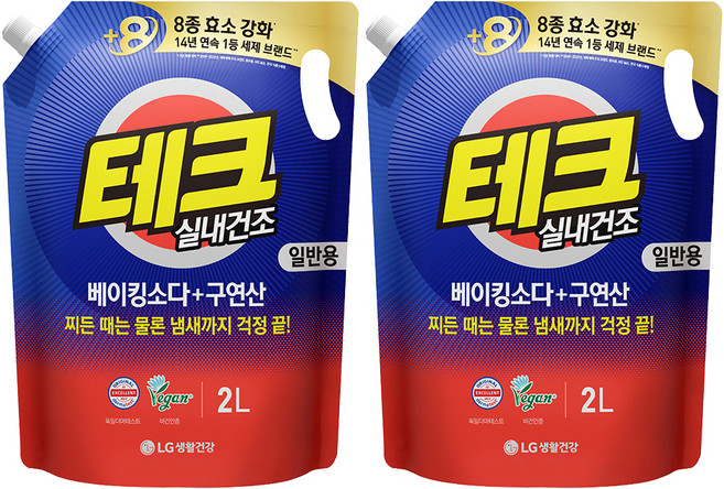 [비건라이프] 테크 베이킹소다 플러스 구연산 실내건조 액체세제 일반용 리필, 2L, 2개