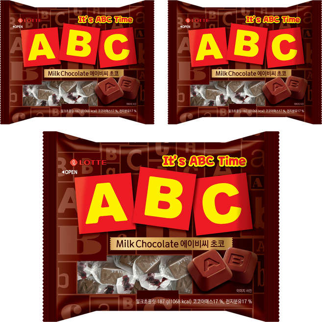 롯데웰푸드 에이비씨 초콜릿, 187g, 3개