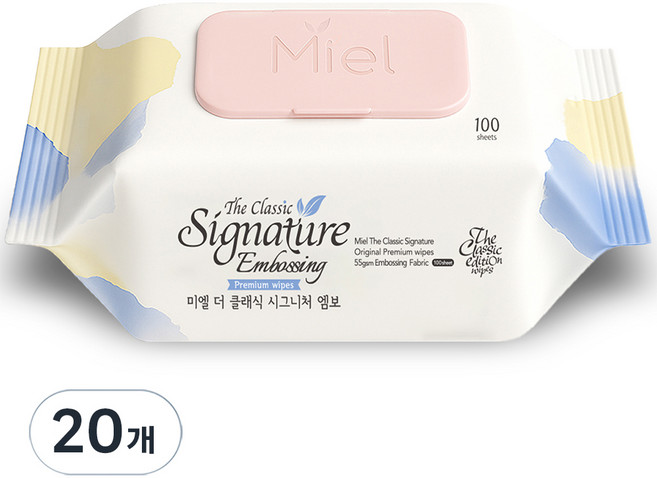 미엘 더 클래식 시그니처 엠보싱 물티슈 캡형, 55g, 100매, 20개