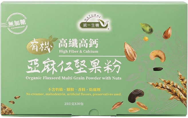 統一生機 有機高纖高鈣亞麻仁堅果粉, 25g, 30包, 1盒