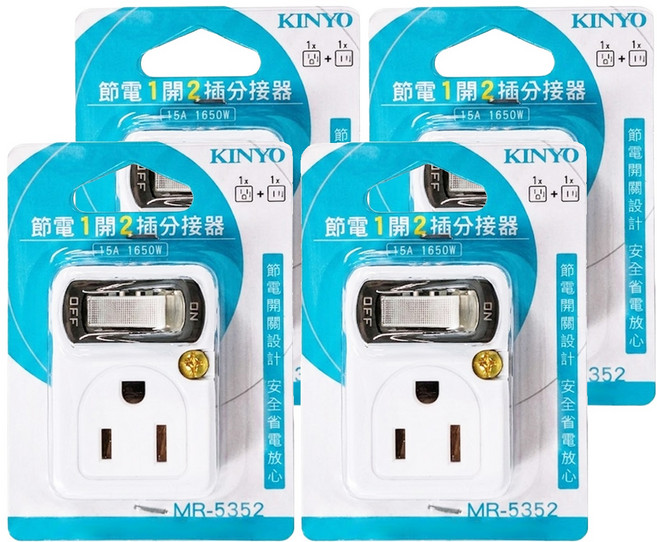 Kinyo 節電1開2插分接器 2孔 + 3孔 MR-5352, 白色, 4個, 54mm