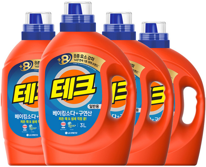 테크 베이킹소다 플러스 구연산 뉴 액체세제 본품, 3L, 4개