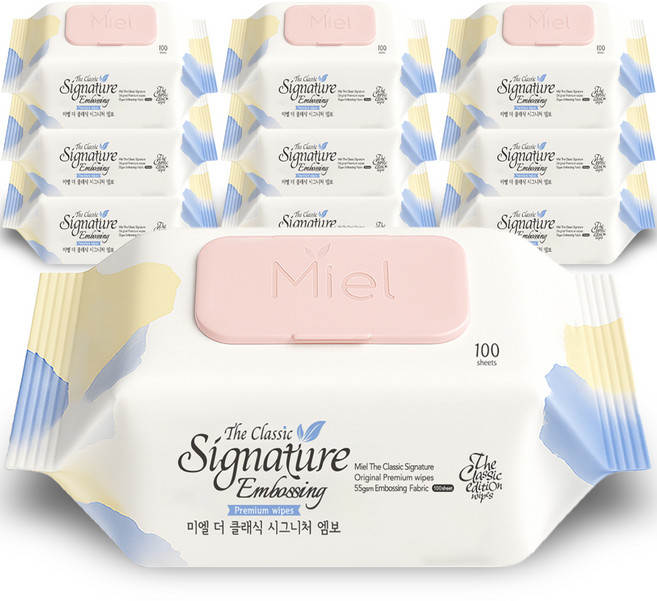 미엘 더 클래식 시그니처 엠보싱 물티슈 캡형, 55g, 100매, 10개