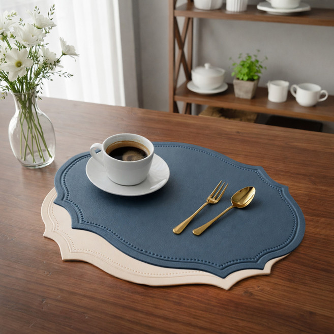 MF스토어 로얄 집들이 선물 가죽 식탁 테이블 매트 B타입 2종 세트, 베이지, 라이트블루, 1세트, 43 x 30 cm