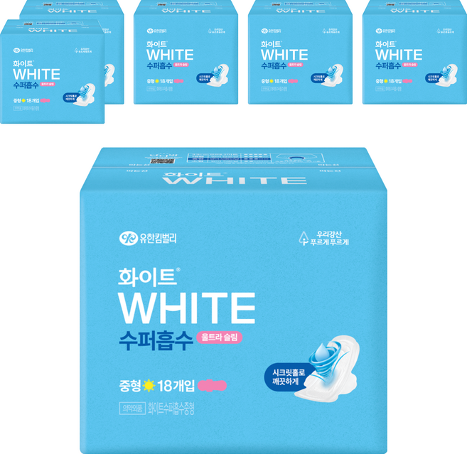화이트 수퍼흡수 울트라슬림 생리대 날개형, 중형, 18개입, 6개