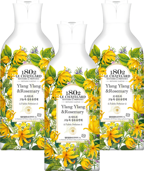 르샤트라1802 고농축 보타닉캐슬 섬유유연제 일랑일랑 로즈마리 본품, 1L, 3개