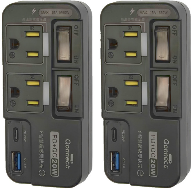 Qonnect 2開2插3P高溫斷電 PD + QC 20W, 黑色, 2個