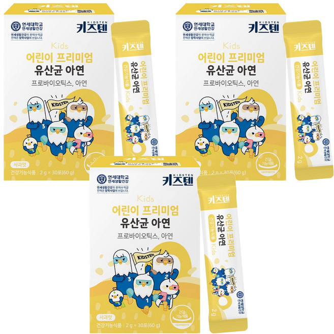 키즈텐 어린이 사과맛 유산균 아연, 60g, 3개