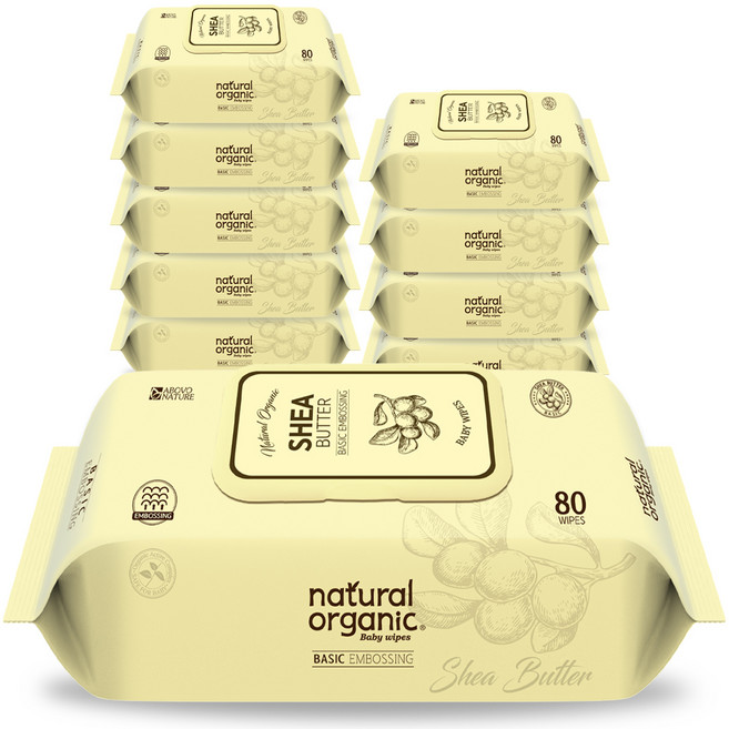 네츄럴오가닉 엠보싱 아기 물티슈 캡형 시어버터, 60g, 80매, 10개